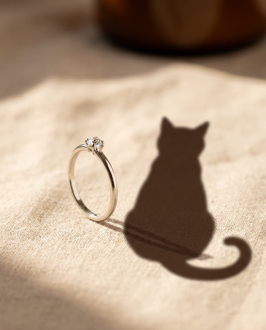 Minimalist silver ring set with a colourless pet ash-crystal (骨灰晶石), casting a soft cat-silhouette shadow — Kar Fook pet memorial jewellery